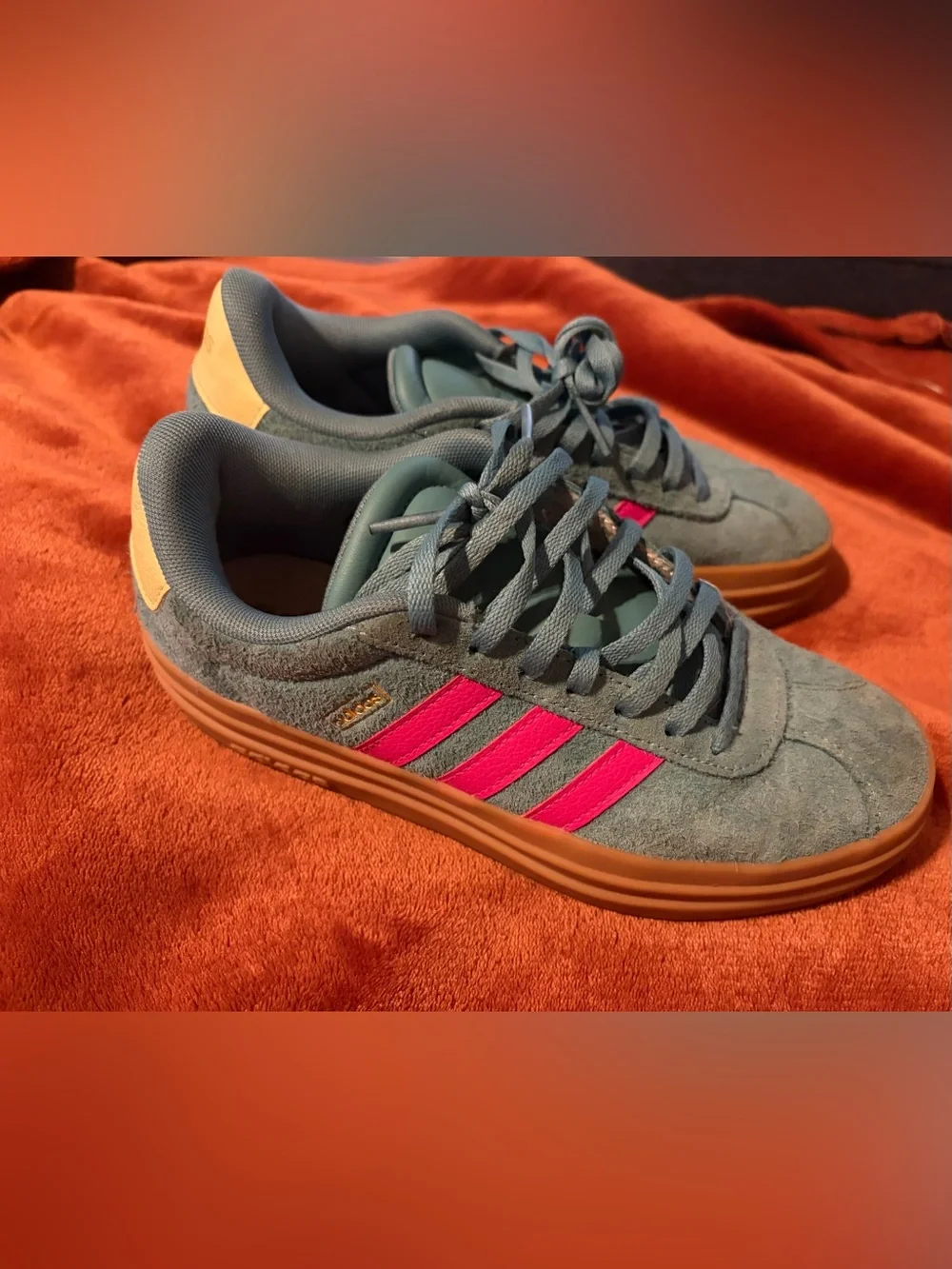 adidas Kids Court Platform Suede Sneakers in Teal with Pink Stripes and Gum Sole
